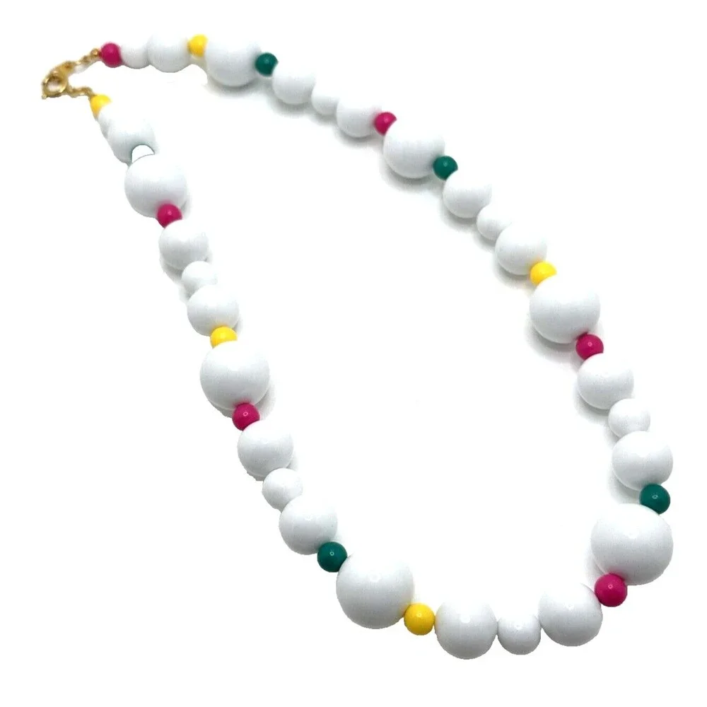 Vintage 1980s White Gumball Bead Necklace Multicolor Accents Statement Retro 20